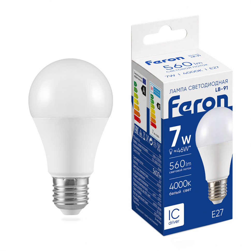 Лампа светодиодная Feron LB-91 Шар E27 7W 175-265V 4000K, артикул FERON 25445