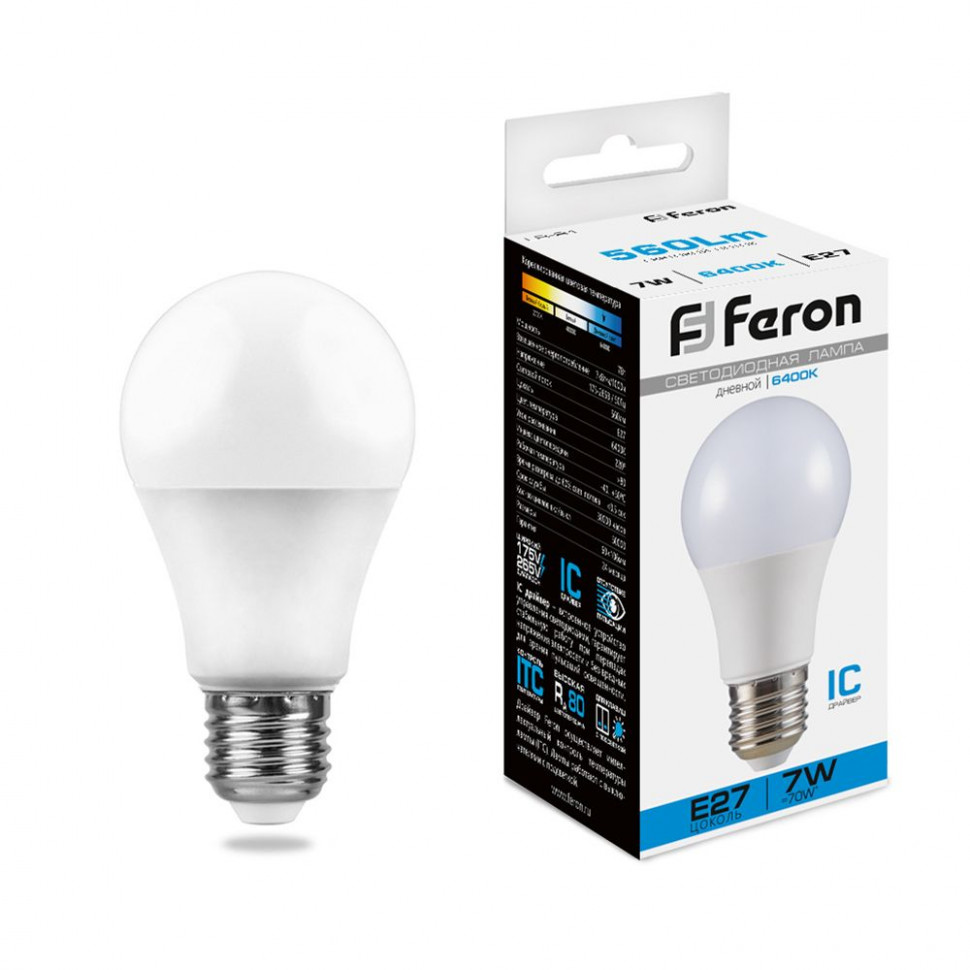 Лампа светодиодная Feron LB-91 Шар E27 7W 175-265V 6400K, артикул FERON 25446