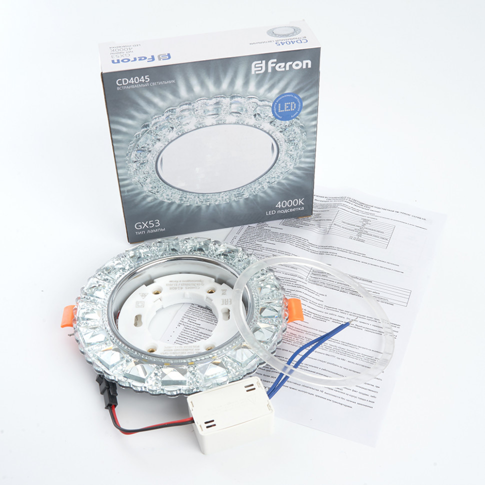 Светильник встраиваемый с белой LED подсветкой Feron CD4045 потолочный GX53 без лампы, прозрачный, хром, артикул FERON 41408
