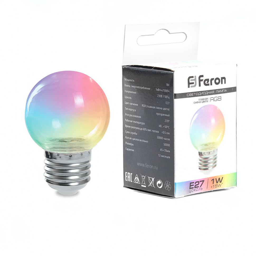 Лампа светодиодная Feron LB-371 Шар прозрачный E27 3W 230V RGB плавная смена цвета, артикул FERON 38133