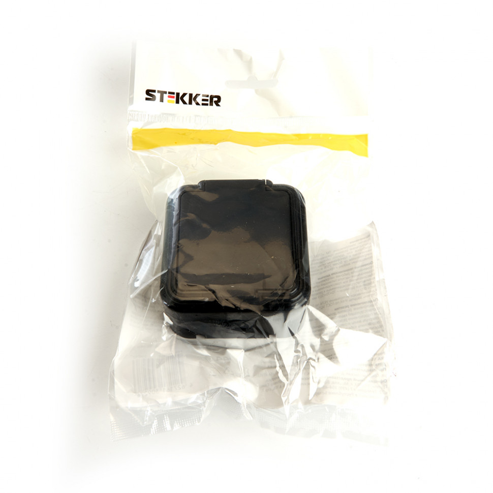 Розетка 1-местная б/з STEKKER, PST16-20-44 (RA 16-201-Ч), пластик АВС, 250В, 16А, IP44, черный, артикул STEKKER 39692