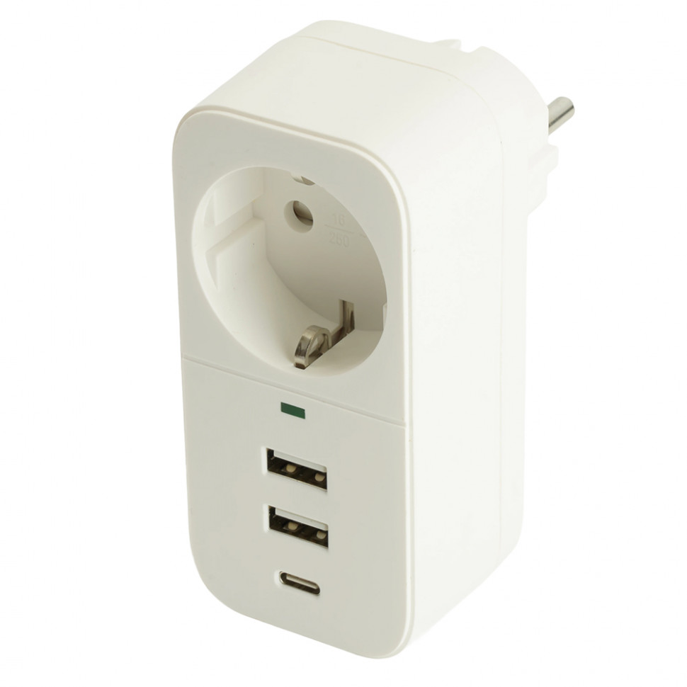 Сетевой фильтр 1-местный с/з STEKKER 250В, 16А,  2USB+1Type-C 2,4 A, серия Nova, HM81-11-1, белый, артикул STEKKER 50142