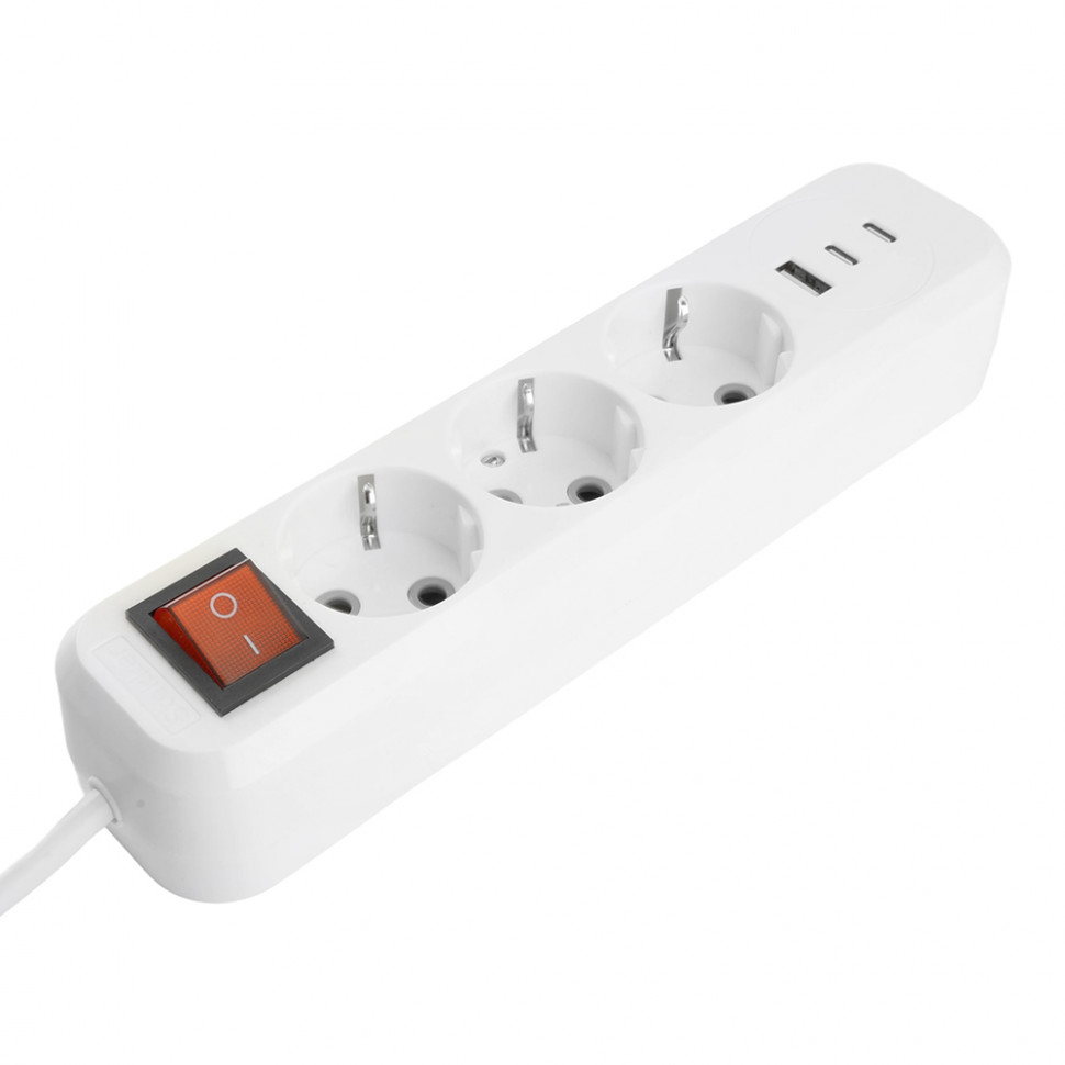Удлинитель 3-местный с/з с выключ. STEKKER HM071-31-02 3x1мм2, 2м, 250В, 16А, 1USB+2C, 2.4A, сер Home, белый, артикул STEKKER 50136
