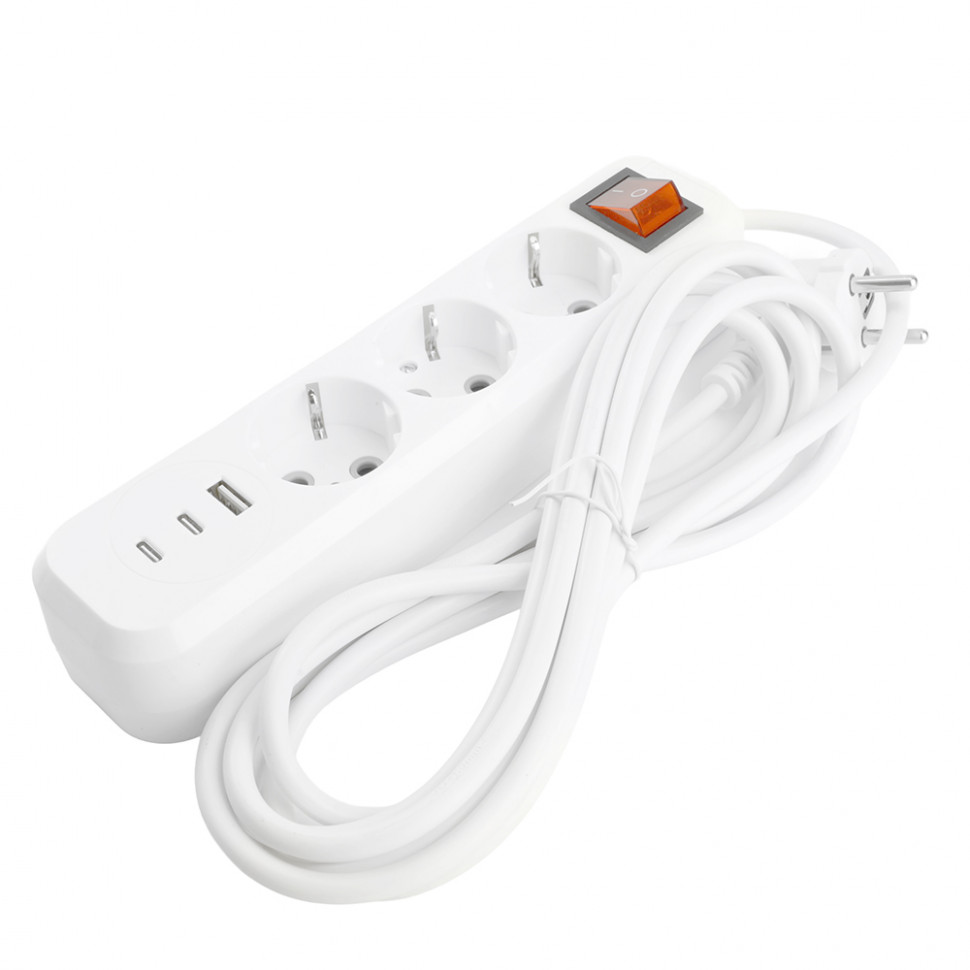 Удлинитель 3-местный с/з с выключ. STEKKER HM071-31-02 3x1мм2, 2м, 250В, 16А, 1USB+2C, 2.4A, сер Home, белый, артикул STEKKER 50136
