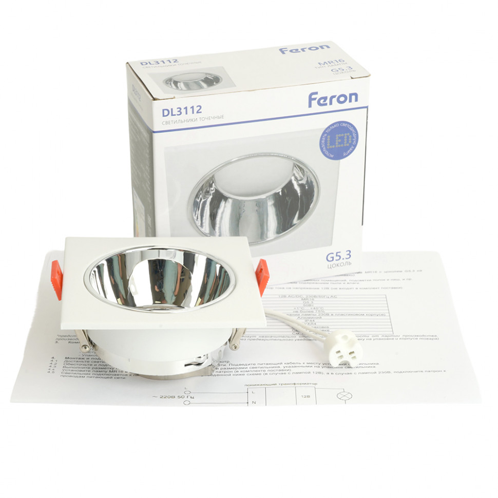 Светильник встраиваемый Feron DL3112 потолочный MR16 G5.3 белый + хром, артикул FERON 51406
