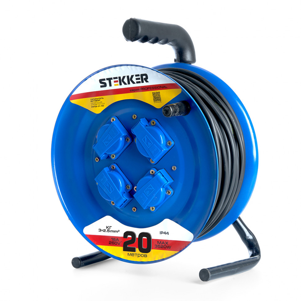 Удлинитель на металлической катушке с/з 4-местный Stekker, PRF02-41-20, 20м, 3*2,5, серия Professional, синий, артикул STEKKER 39784