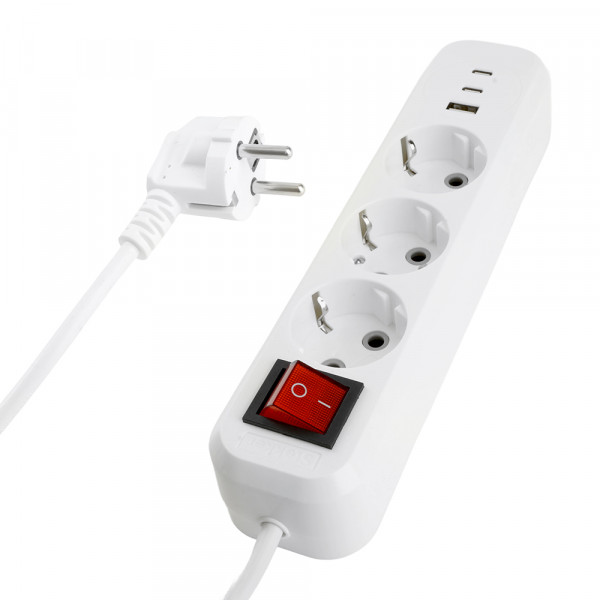 Удлинитель 3-местный с/з с выключ. STEKKER HM071-31-05 3x1мм2, 5м, 250В, 16А, 1USB+2C, 2.4A, сер Home, белый