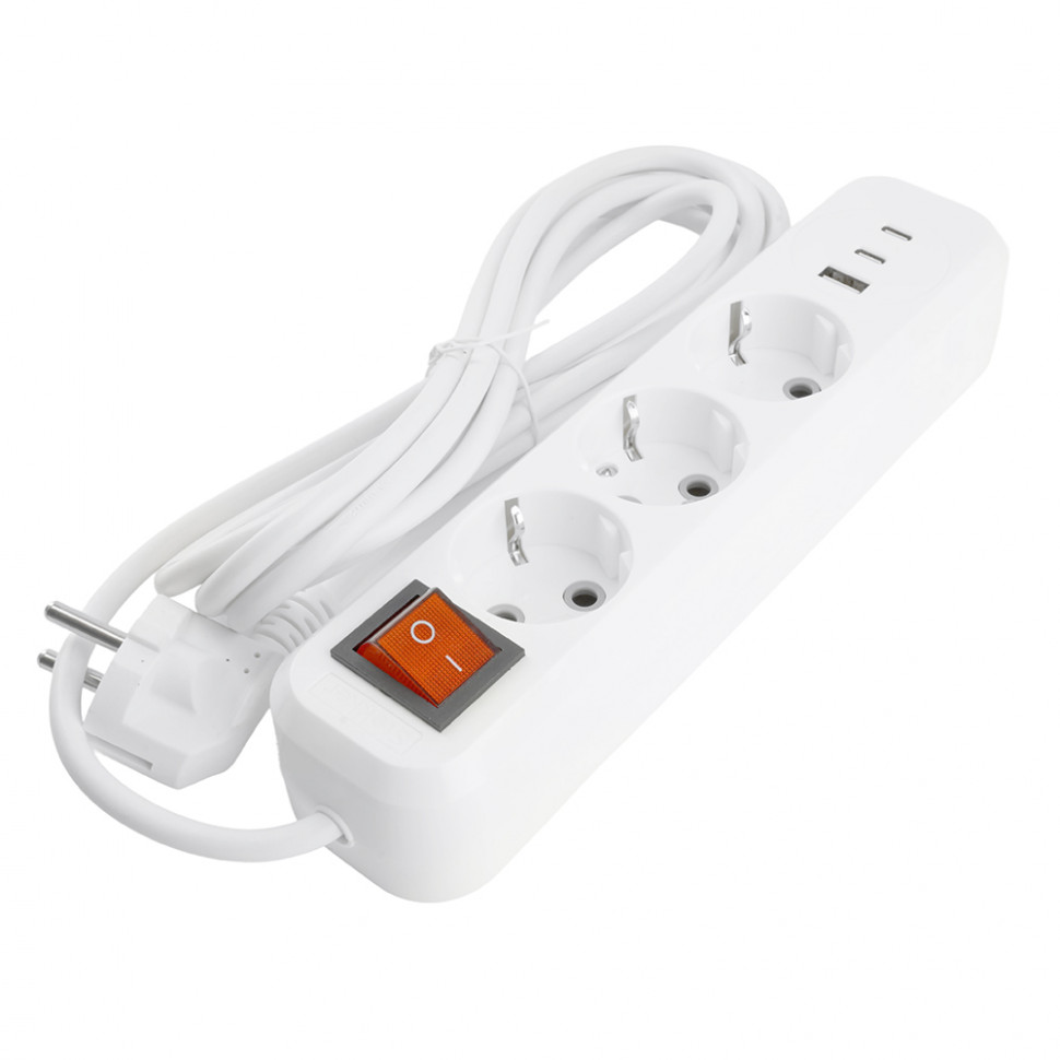 Удлинитель 3-местный с/з с выключ. STEKKER HM071-31-05 3x1мм2, 5м, 250В, 16А, 1USB+2C, 2.4A, сер Home, белый, артикул STEKKER 50138