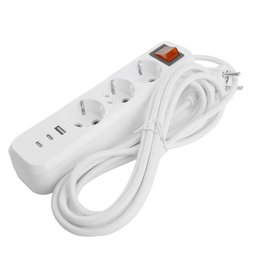 Удлинитель 3-местный с/з с выключ. STEKKER HM071-31-05 3x1мм2, 5м, 250В, 16А, 1USB+2C, 2.4A, сер Home, белый, артикул STEKKER 50138