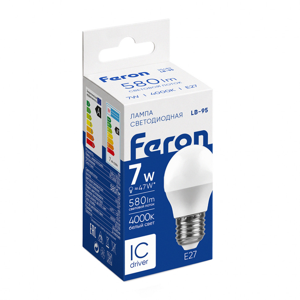 Лампа светодиодная Feron LB-95 Шарик E27 7W 175-265V 2700K, артикул FERON 25481