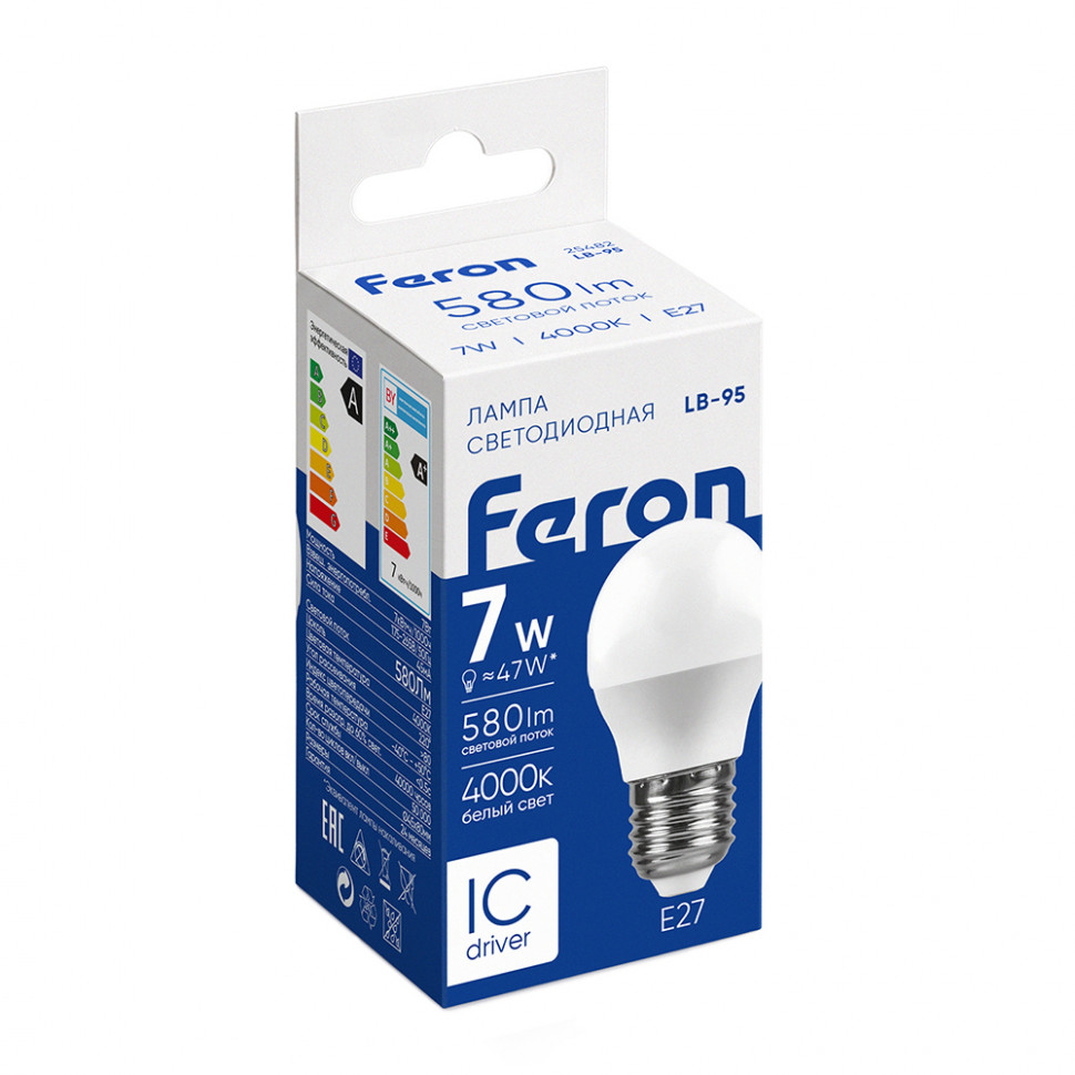 Лампа светодиодная Feron LB-95 Шарик E27 7W 175-265V 4000K, артикул FERON 25482