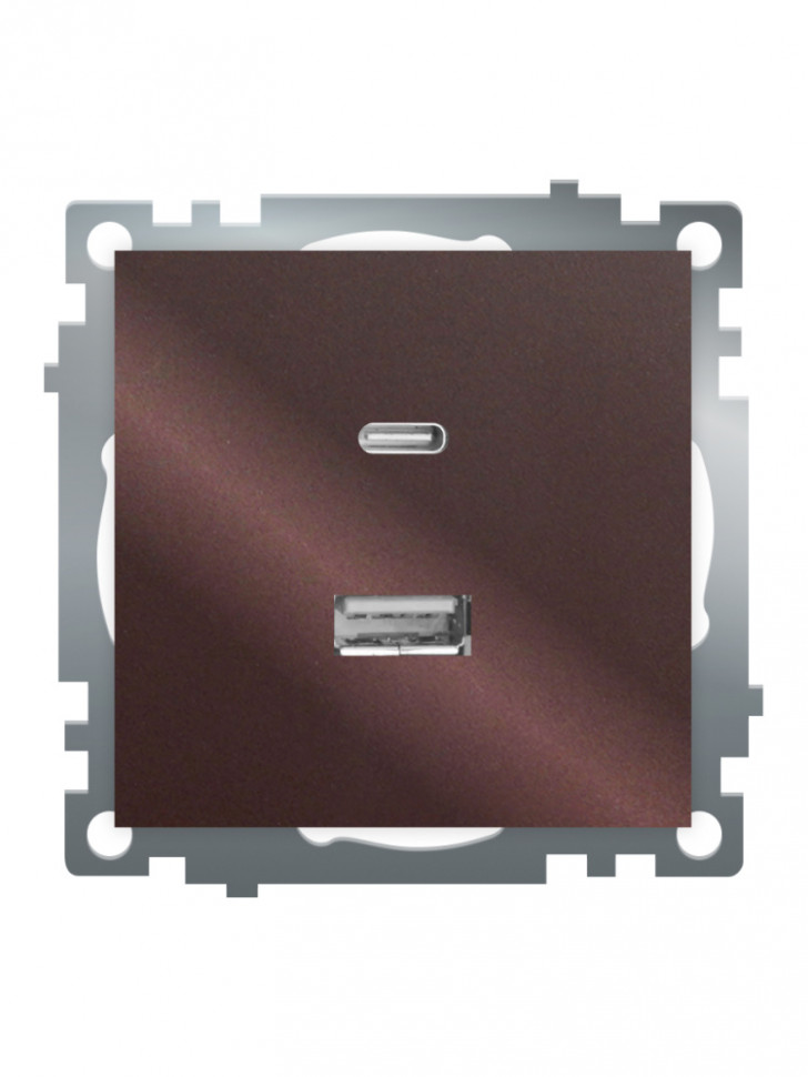 Розетка 2-местная USB + type C, STEKKER GLS10-7116-04, 250В, 3А, max 20W,серия Катрин, шоколад, артикул STEKKER 50057