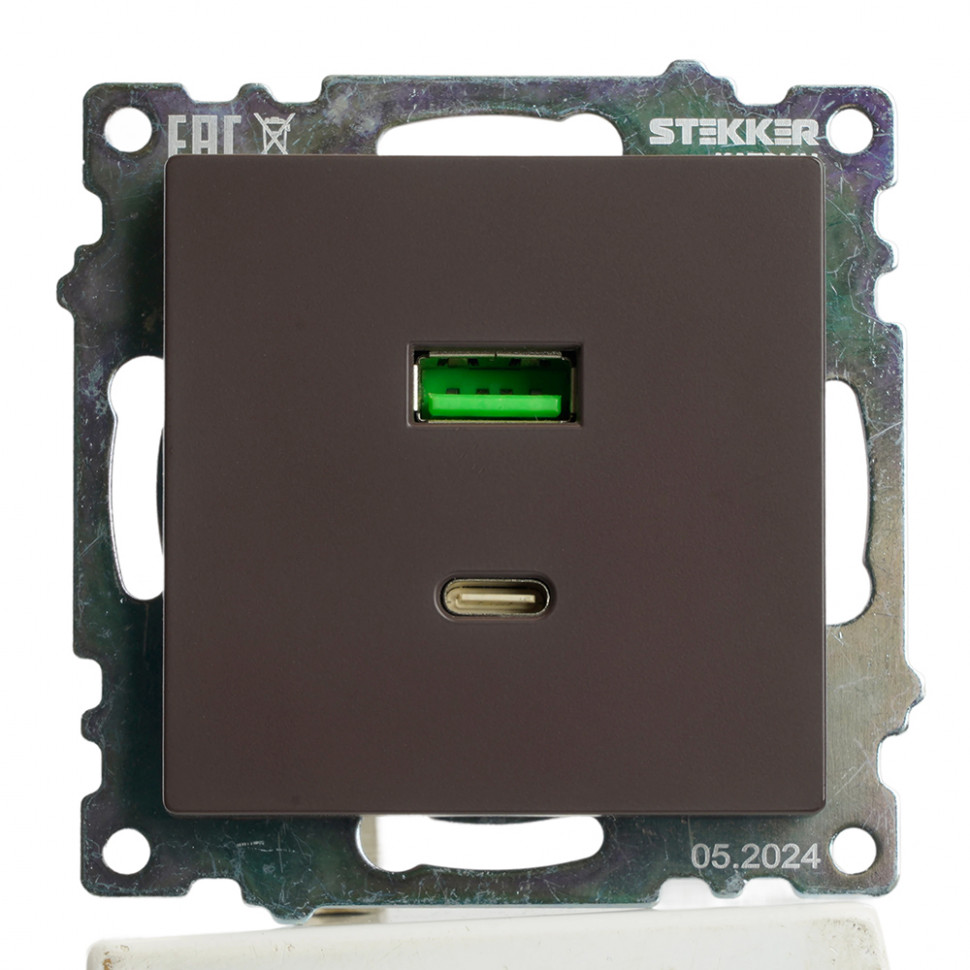 Розетка 2-местная USB + type C, STEKKER GLS10-7116-04, 250В, 3А, max 20W,серия Катрин, шоколад, артикул STEKKER 50057