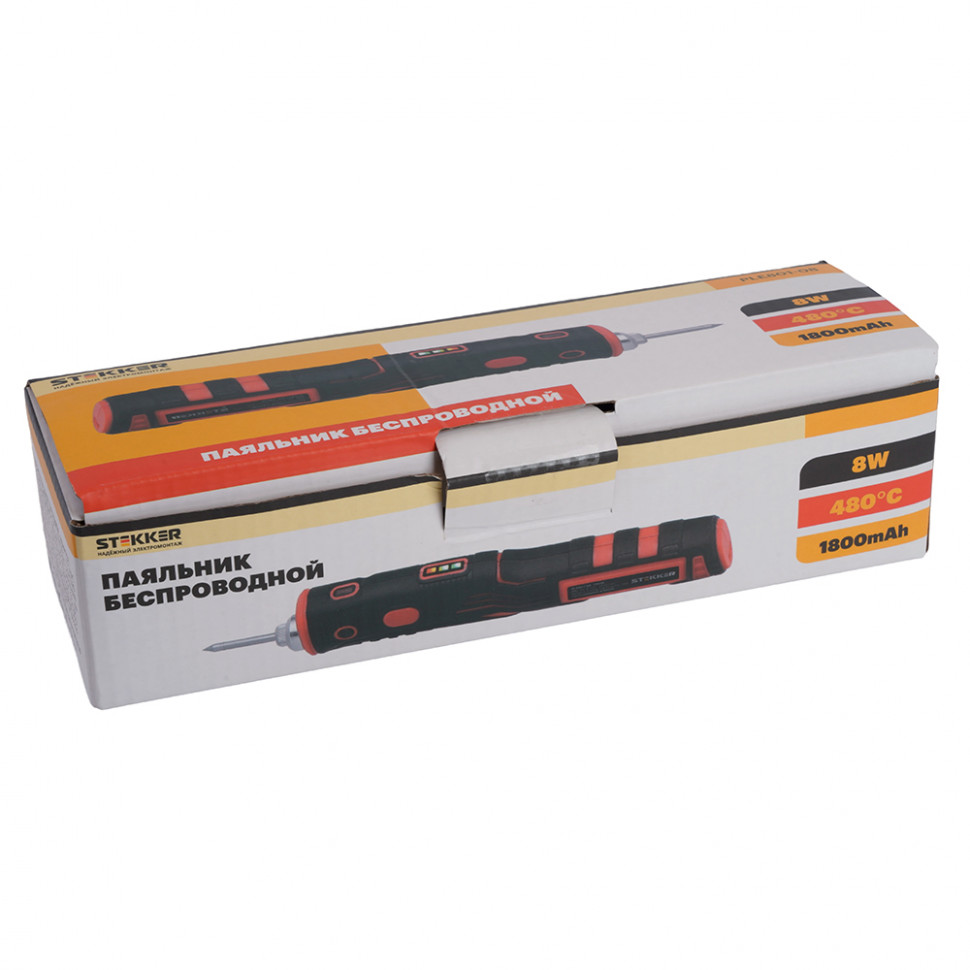 Паяльник беспроводной 8W, нихромовый нагреватель, 1800 mAh, 5В, красный/черный, PLE801-08, артикул STEKKER 50098