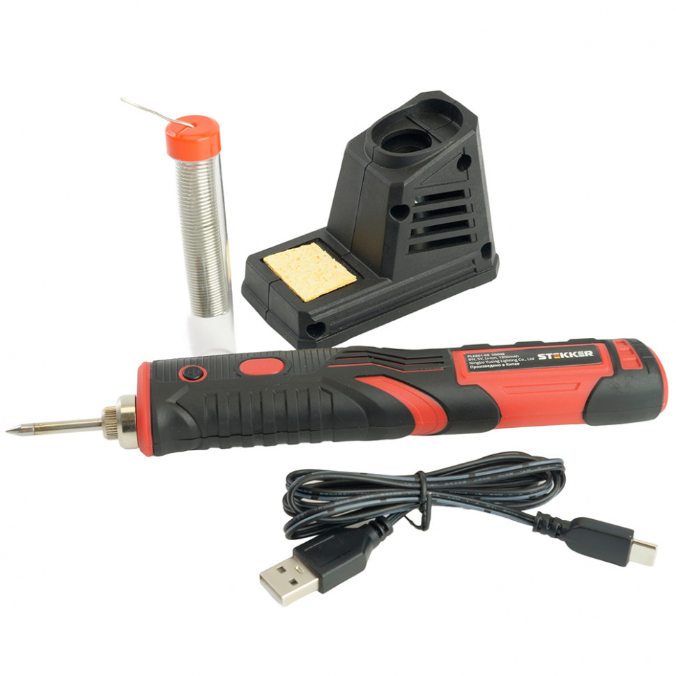 Паяльник беспроводной 8W, нихромовый нагреватель, 1800 mAh, 5В, красный/черный, PLE801-08, артикул STEKKER 50098