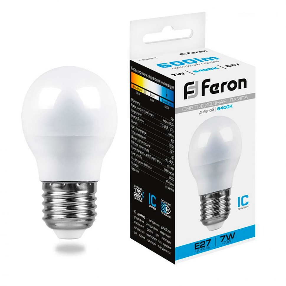 Лампа светодиодная Feron LB-95 Шарик E27 7W 175-265V 6400K, артикул FERON 25483