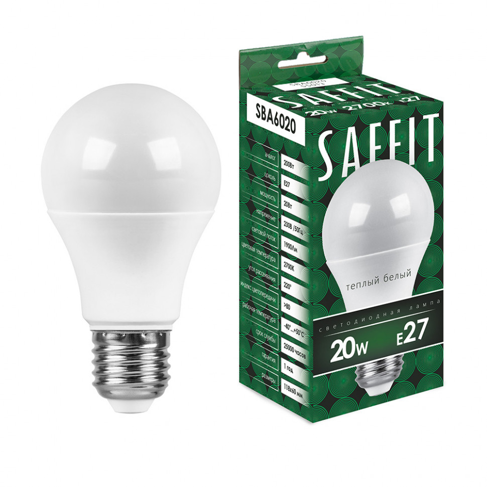 Лампа светодиодная SAFFIT SBA6020 Шар E27 20W 230V 2700K, артикул SAFFIT 55013