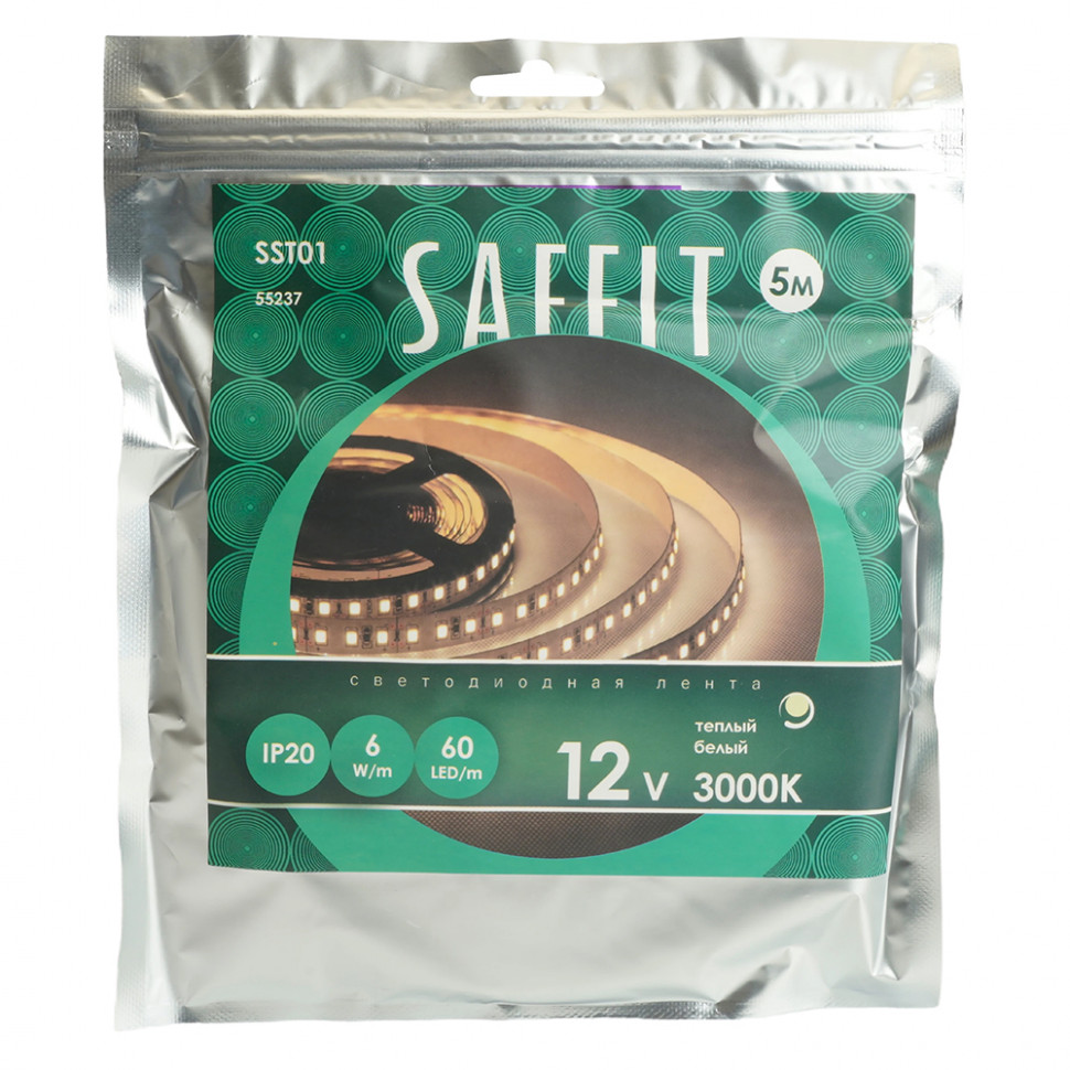Лента светодиодная SST01 SAFFIT 60SMD(2835)/m 6Вт/м 12V 5000*8*1.22мм 3000K, IP20, артикул SAFFIT 55237