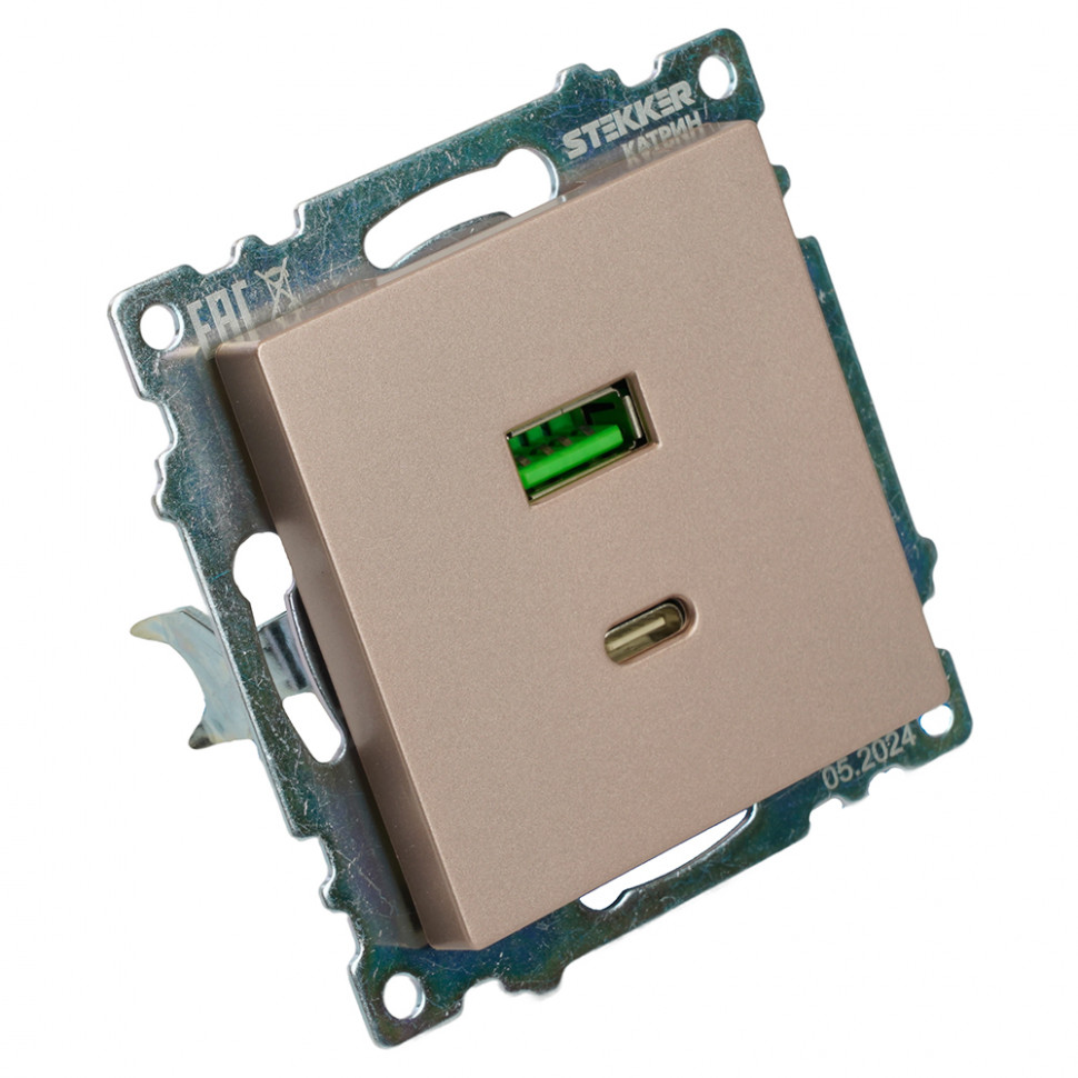 Розетка 2-местная USB + type C (механизм), STEKKER GLS10-7116-02, 250B, 3A, max 20W, серия Катрин, шампань, артикул STEKKER 50056