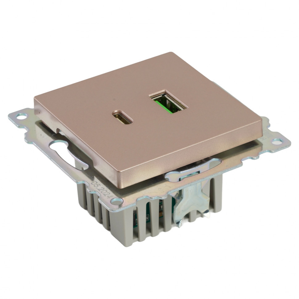 Розетка 2-местная USB + type C (механизм), STEKKER GLS10-7116-02, 250B, 3A, max 20W, серия Катрин, шампань, артикул STEKKER 50056