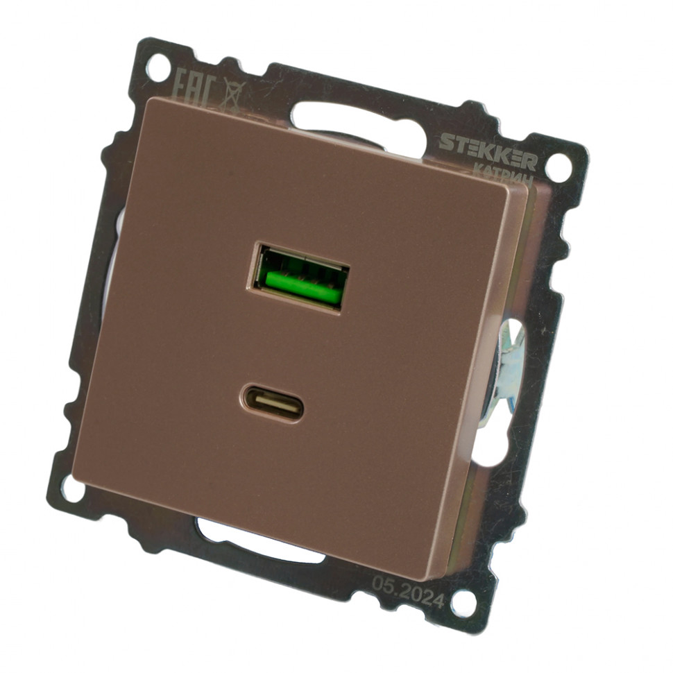 Розетка 2-местная USB + type C (механизм), STEKKER GLS10-7116-02, 250B, 3A, max 20W, серия Катрин, шампань, артикул STEKKER 50056