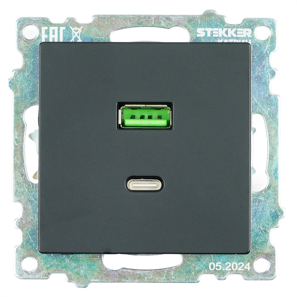 Розетка 2-местная USB + type C (механизм), STEKKER GLS10-7116-05, 250B, 3А, серия Катрин, черный, артикул STEKKER 50055