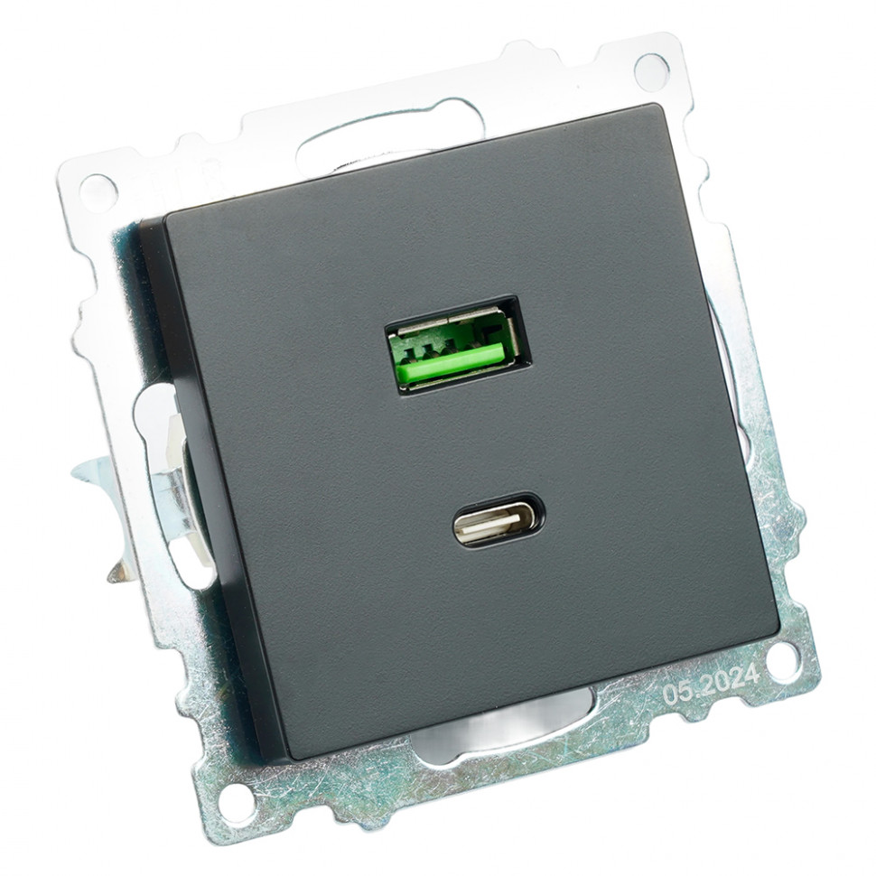 Розетка 2-местная USB + type C (механизм), STEKKER GLS10-7116-05, 250B, 3А, серия Катрин, черный, артикул STEKKER 50055