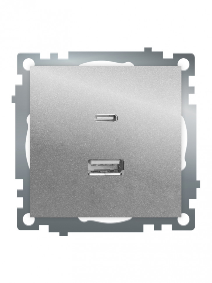 Розетка 2-местная USB + type C (механизм)), STEKKER GLS10-7116-03 , 250B, 3А, max 20W, серия Катрин, серебро, артикул STEKKER 50054