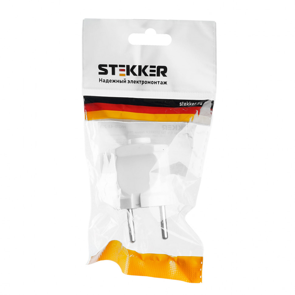 Вилка прямая б/з STEKKER, PPG10-43-201, пластик, 250В, 10A, IP20, белый, артикул STEKKER 32855