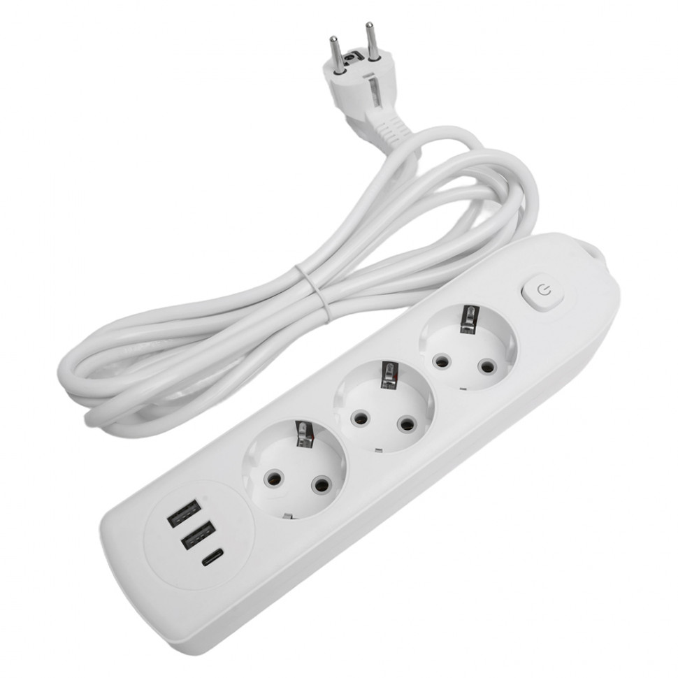 Удлинитель 3-местный c/з 3x1 мм2, 1,8 м, 250В, 10А, 2USB+1Type-C 2,4А, серия Home plus, белый STEKKER HM08-33-02, артикул STEKKER 49970