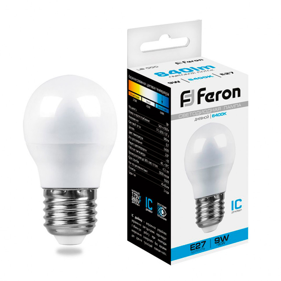 Лампа светодиодная Feron LB-550 Шарик E27 9W 175-265V 6400K, артикул FERON 25806