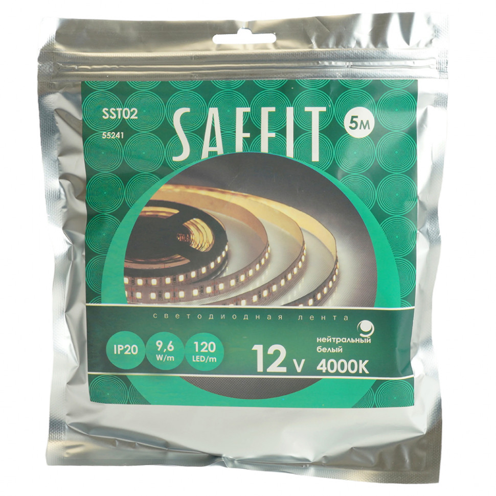 Лента светодиодная SST02 SAFFIT 120SMD(2835)/м 9.6Вт/м 12V 5000*8*1.22мм 4000К, IP20, артикул SAFFIT 55241
