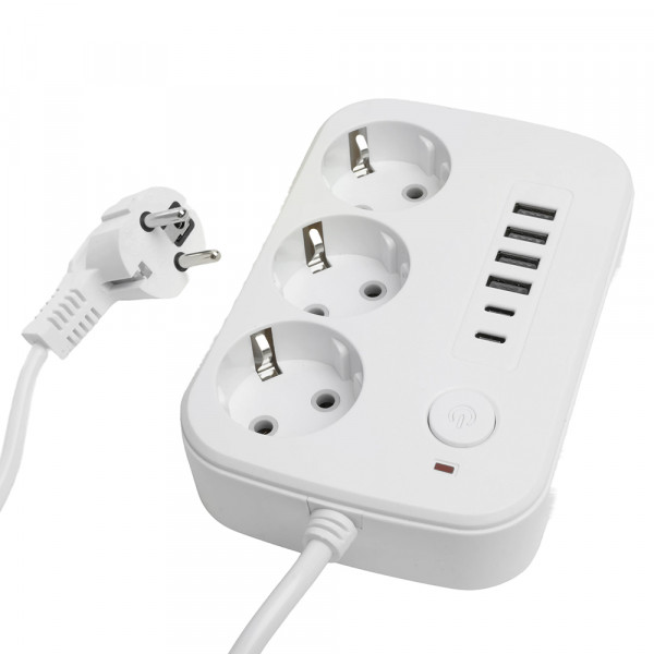Удлинитель 3-местный c/з 3x1 мм2, 3 м, 250В, 10А, 4USB+2Type-C 2,4А, серия Home plus, белый STEKKER HM09-36-02