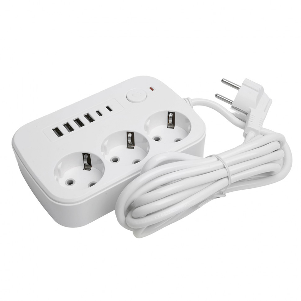 Удлинитель 3-местный c/з 3x1 мм2, 3 м, 250В, 10А, 4USB+2Type-C 2,4А, серия Home plus, белый STEKKER HM09-36-02, артикул STEKKER 49979