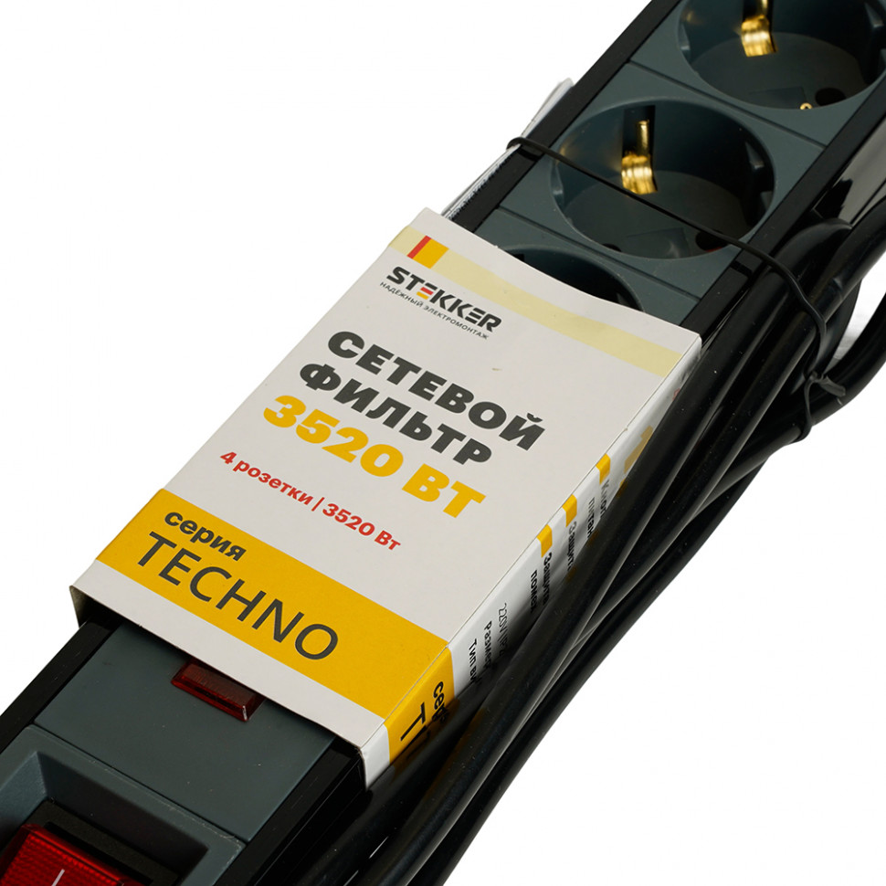 Сетевой фильтр 3-местный с/з STEKKER 3x1мм2, 3 м, 220В, 16А, серия Techno, HM22-31-03, черный, артикул STEKKER 50154