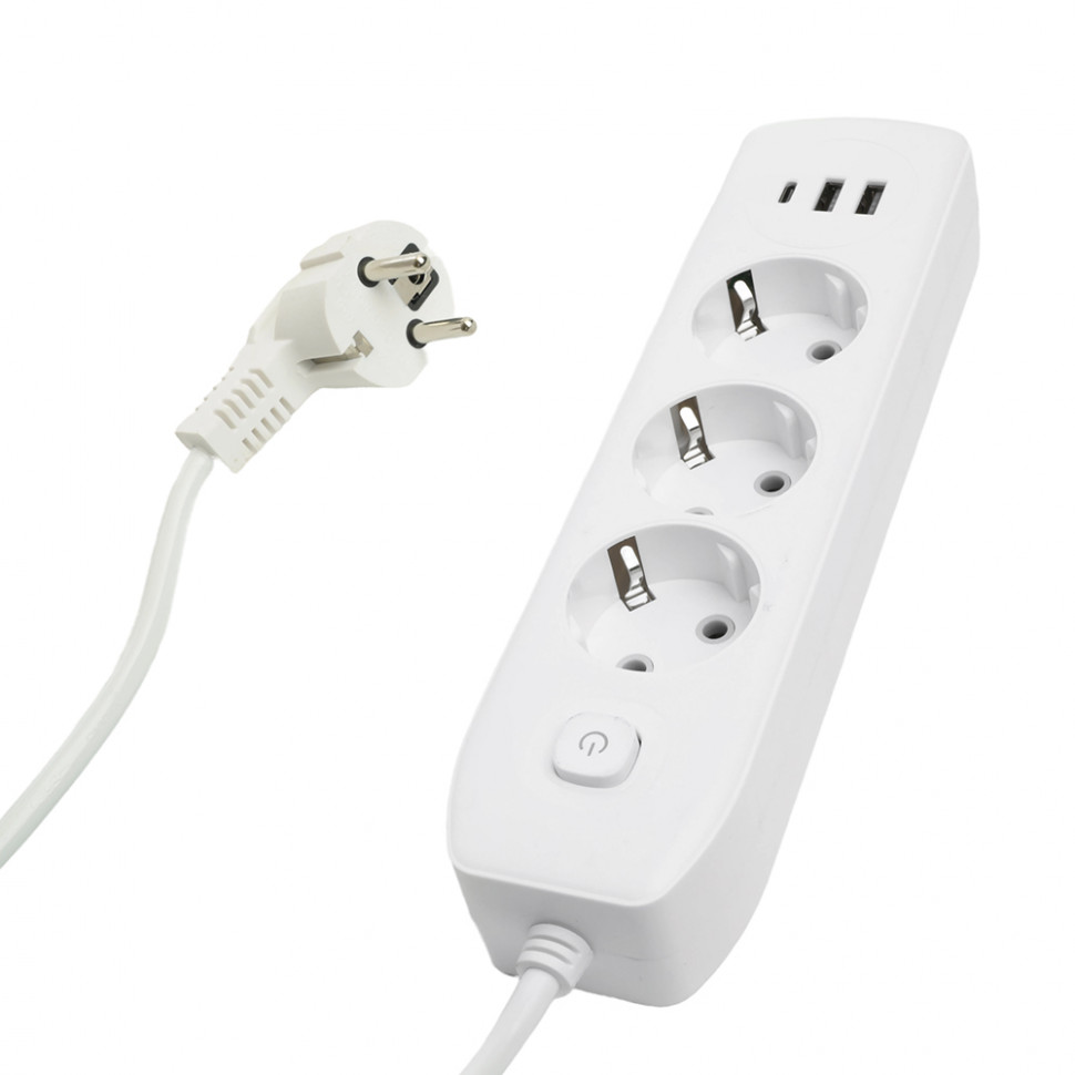 Удлинитель 3-местный c/з 3x1 мм2, 3 м, 250В, 10А, 2USB+1Type-C 2,4А, серия Home plus, белый STEKKER HM08-33-02, артикул STEKKER 49977