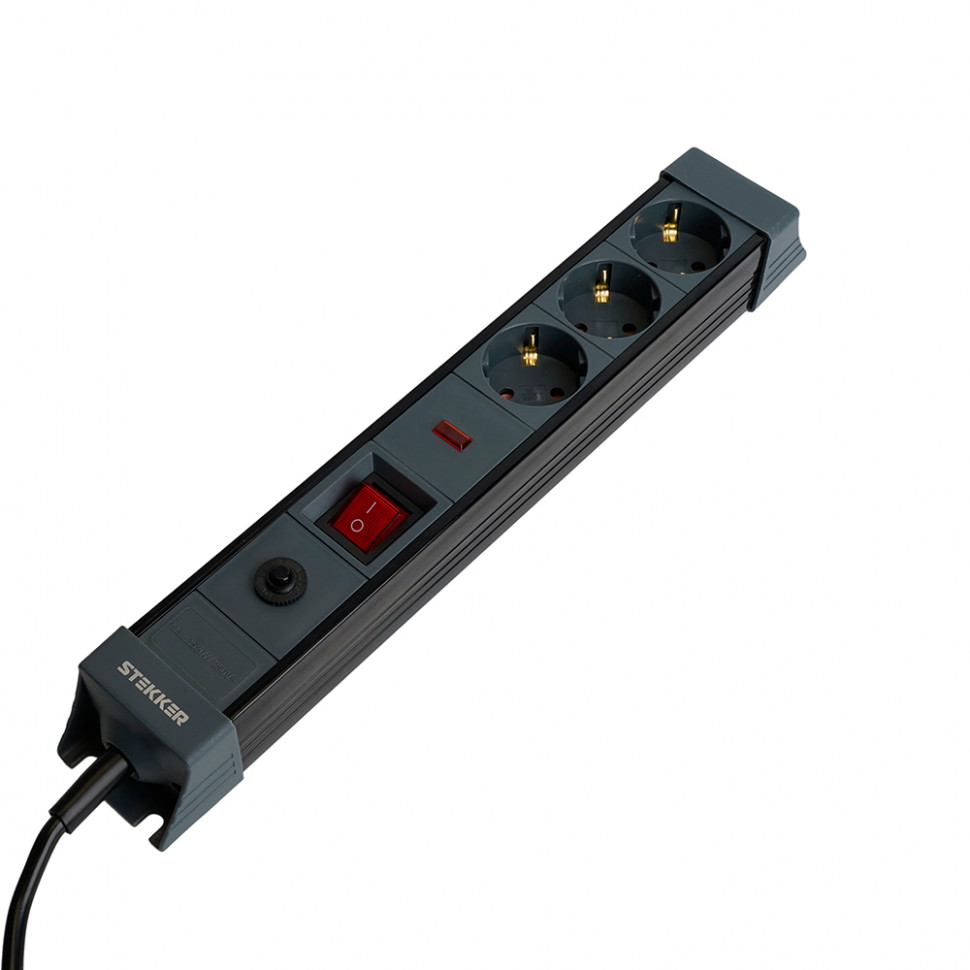 Сетевой фильтр 3-местный с/з STEKKER 3x1мм2, 1,8 м, 220В, 16А, серия Techno, HM22-31-02, черный, артикул STEKKER 50153