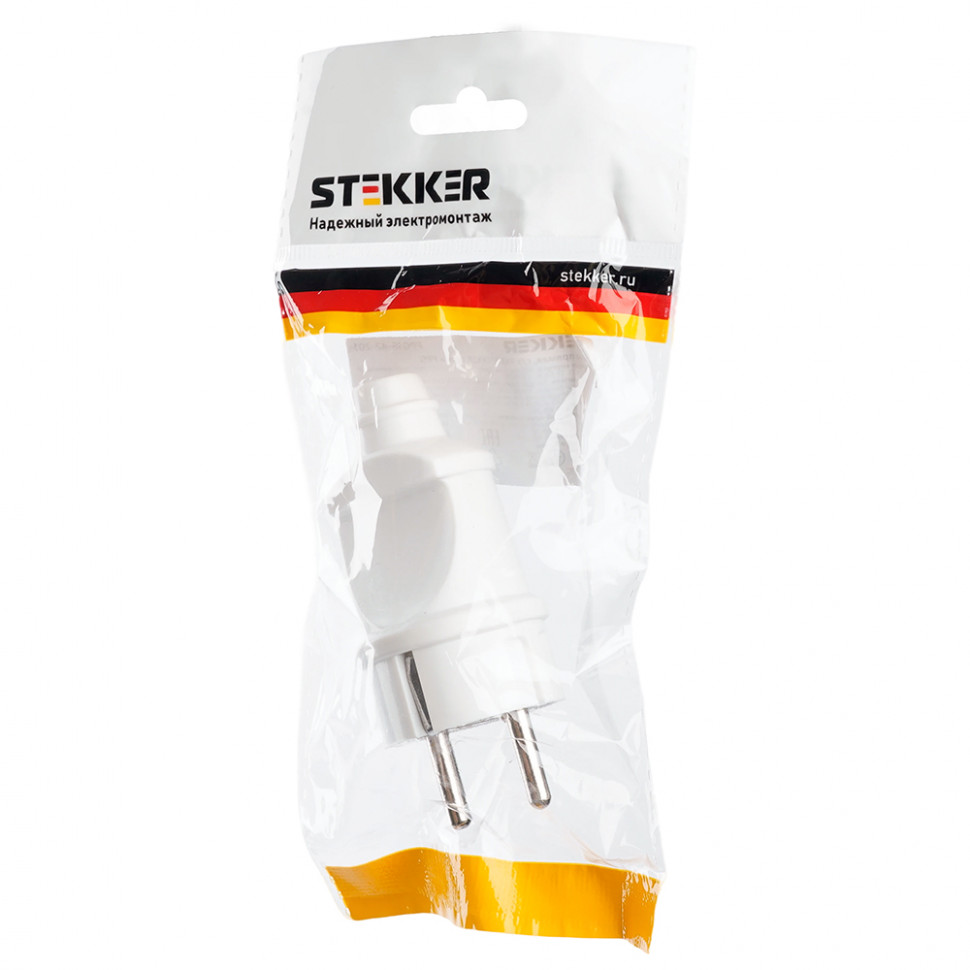 Вилка STEKKER PPG16-42-201 прямая с заземляющим контактом, ABS пластик 250В, 16A, IP20, белая, артикул STEKKER 32851