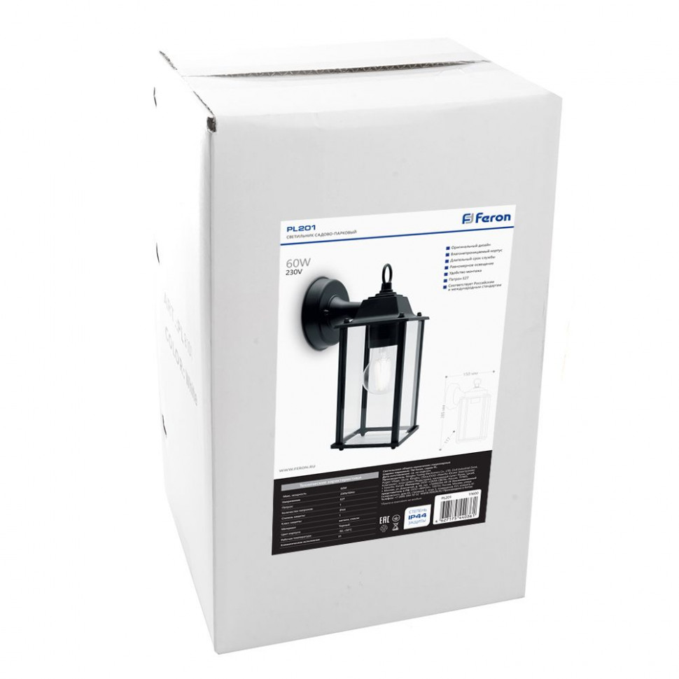 Светильник садово-парковый Feron PL201 на стену вниз 60W E27 230V, черный, артикул FERON 11600