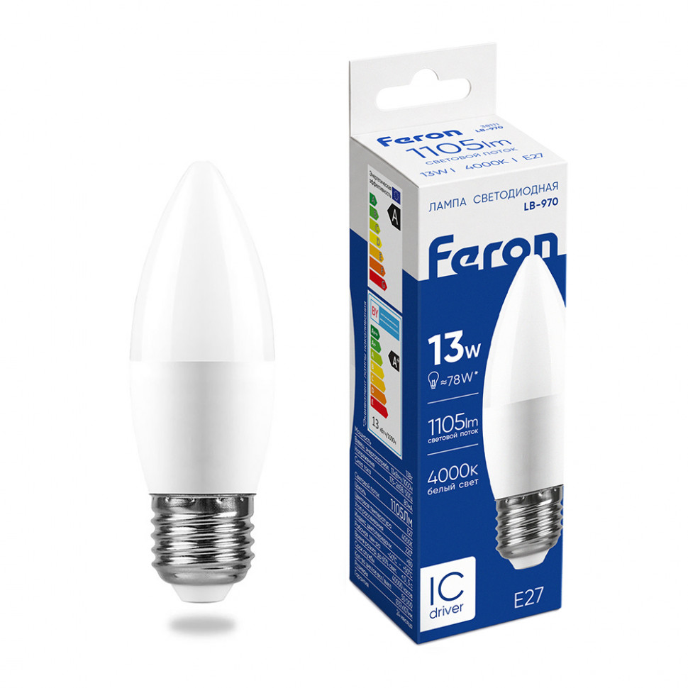 Лампа светодиодная Feron LB-970 Свеча E27 13W 175-265V 4000K, артикул FERON 38111
