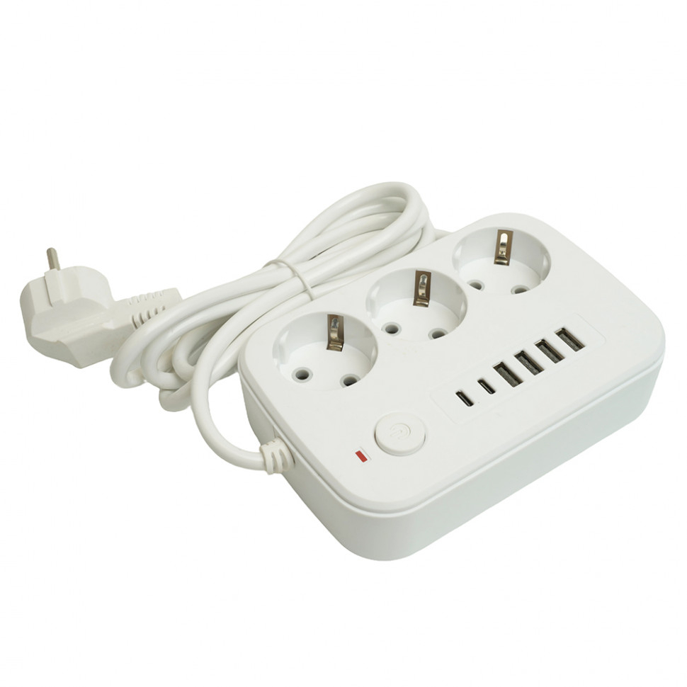 Удлинитель 3-местный c/з 3x1 мм2, 1,8 м, 250В, 10А, 4USB+2Type-C 2,4А, серия Home plus, белый STEKKER HM09-36-02, артикул STEKKER 49972