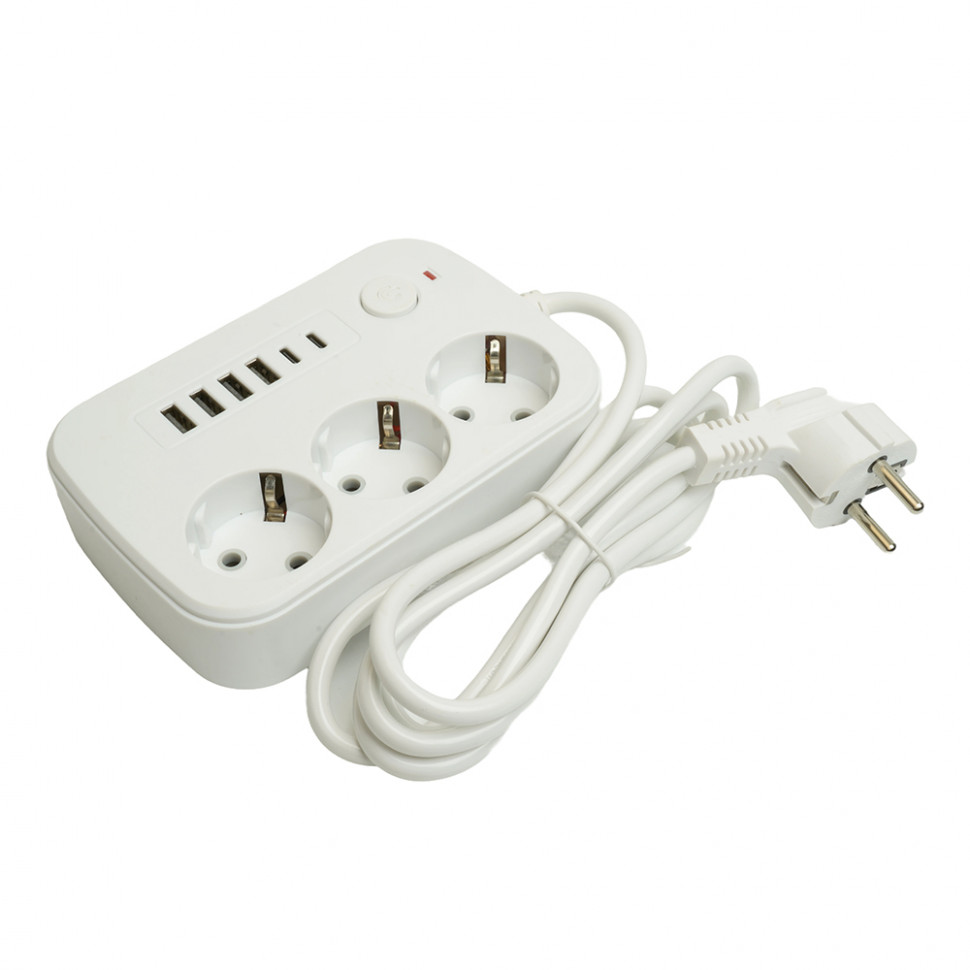 Удлинитель 3-местный c/з 3x1 мм2, 1,8 м, 250В, 10А, 4USB+2Type-C 2,4А, серия Home plus, белый STEKKER HM09-36-02, артикул STEKKER 49972