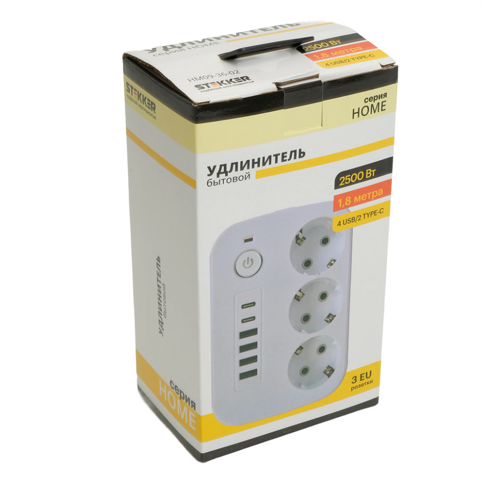 Удлинитель 3-местный c/з 3x1 мм2, 1,8 м, 250В, 10А, 4USB+2Type-C 2,4А, серия Home plus, белый STEKKER HM09-36-02, артикул STEKKER 49972