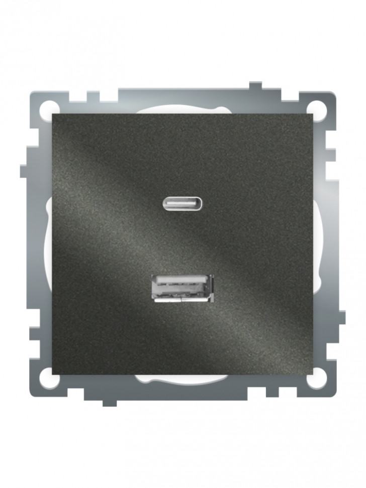 Розетка 2-местная USB + type C (механизм), 250В, 3А, max 20W, серия Катрин, графит, GLS10-7116-06, артикул STEKKER 50052
