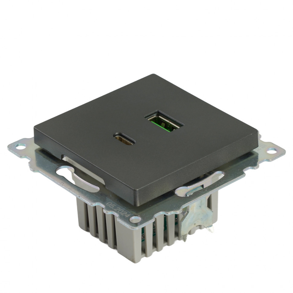 Розетка 2-местная USB + type C (механизм), 250В, 3А, max 20W, серия Катрин, графит, GLS10-7116-06, артикул STEKKER 50052