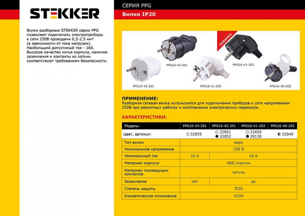 Вилка прямая с/з STEKKER, PPG16-42-201, ABS пластик, 250В, 16A, IP20, черный, артикул STEKKER 32852