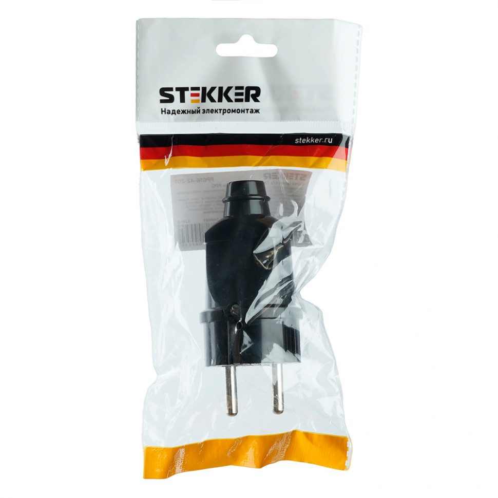 Вилка прямая с/з STEKKER, PPG16-42-201, ABS пластик, 250В, 16A, IP20, черный, артикул STEKKER 32852