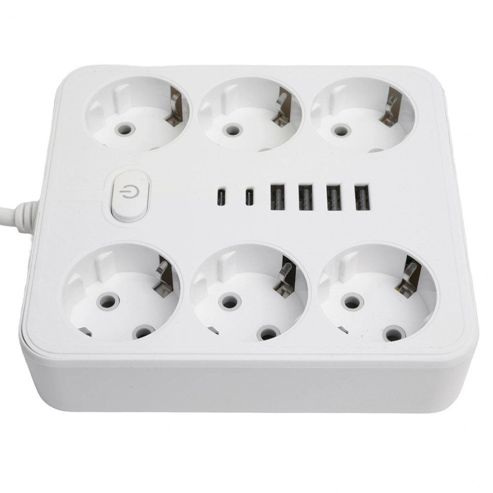 Удлинитель 6-местный c/з 3x1 мм2, 1,8 м, 250В, 10А, 4USB+2Type-C 2,4А, серия Home plus, белый STEKKER HM09-66-02, артикул STEKKER 49975