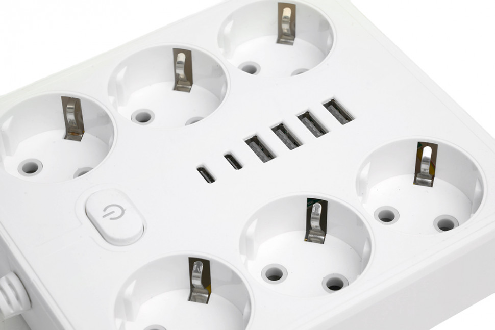 Удлинитель 6-местный c/з 3x1 мм2, 1,8 м, 250В, 10А, 4USB+2Type-C 2,4А, серия Home plus, белый STEKKER HM09-66-02, артикул STEKKER 49975