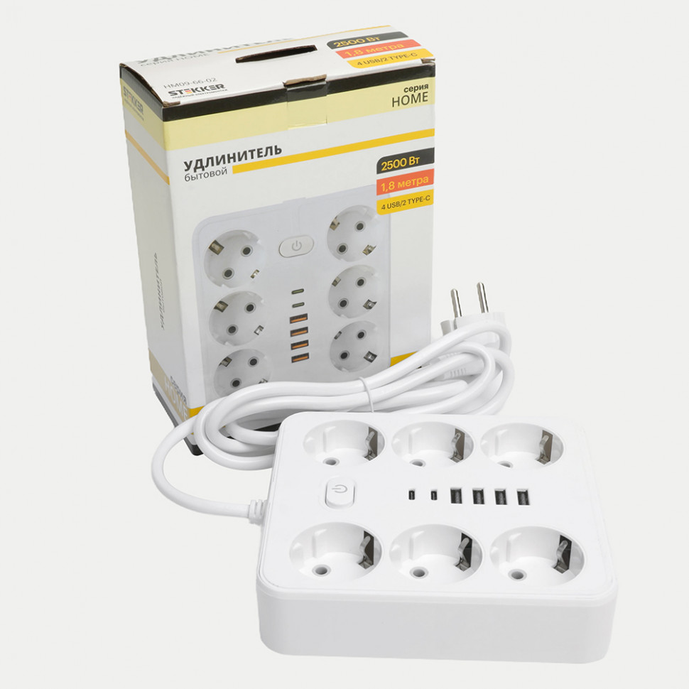 Удлинитель 6-местный c/з 3x1 мм2, 1,8 м, 250В, 10А, 4USB+2Type-C 2,4А, серия Home plus, белый STEKKER HM09-66-02, артикул STEKKER 49975